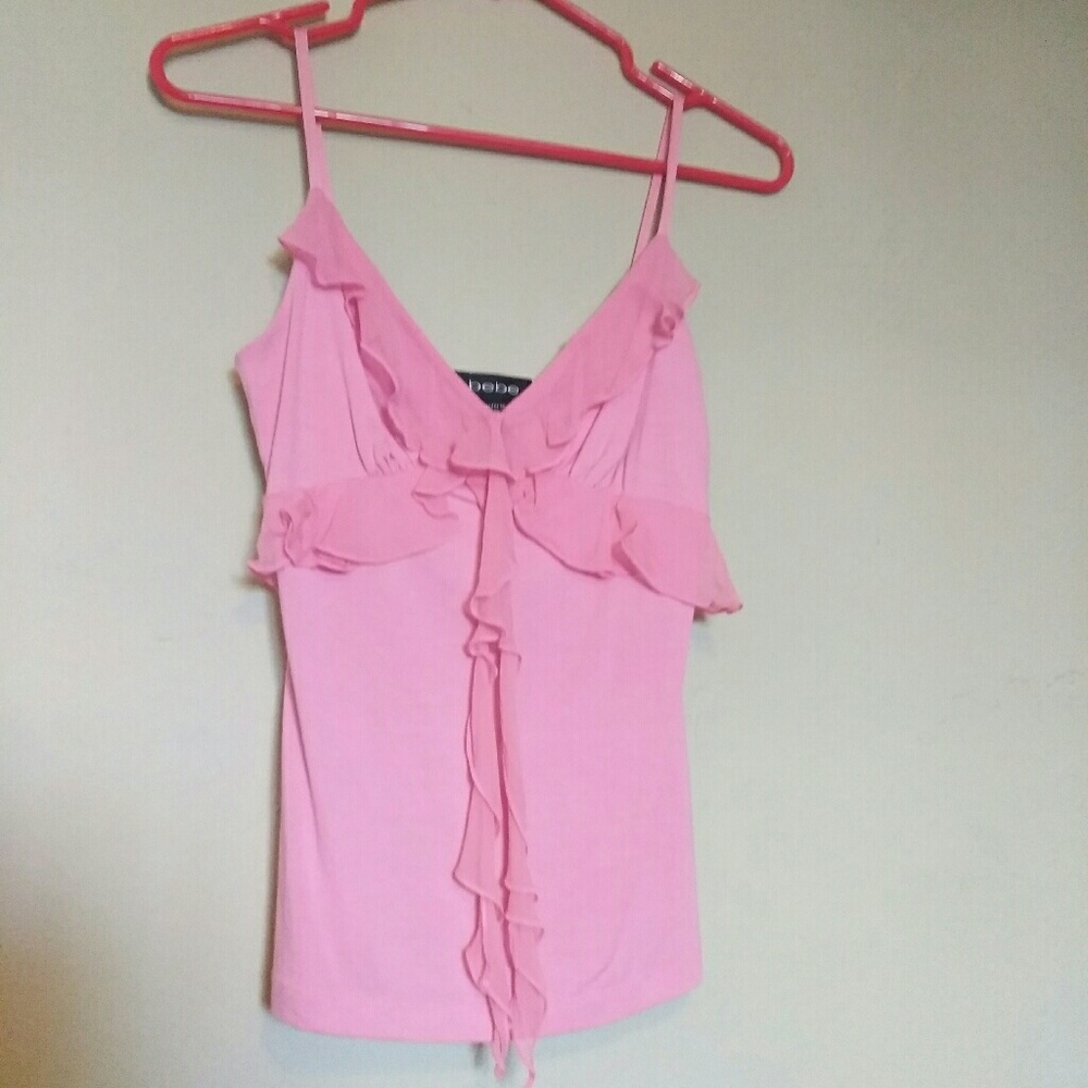 Bebe Soft Pink Spaghetti Strap Ruffle Top